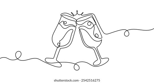 Hand drawn hands hold wine clinking glasses one line art,continuous drawing contour.Cheers toast festive decoration for holidays,romantic Valentine's Day design.Editable stroke. Isolated.Vector