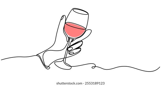 Manos dibujadas a mano sostienen copas de vino tintineando una línea de arte, contorno de dibujo continuo, botella de vidrio con vino, puerto, alcohol. copa de vino, boceto de dibujo de una sola línea continua, logotipo, mano con vino.