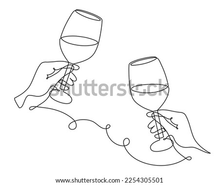 Hand drawn hands hold wine clinking glasses one line art,continuous drawing contour.Cheers toast festive decoration for holidays,romantic Valentine