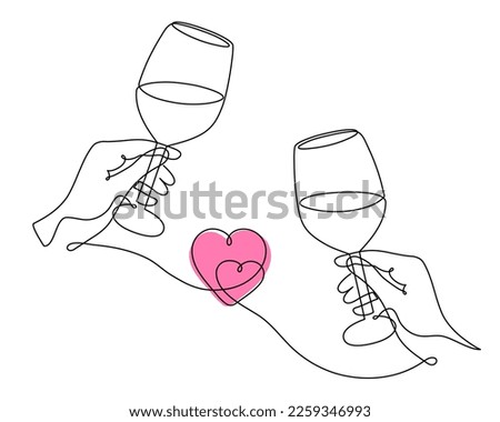 Hand drawn hands hold wine clinking glasses one line art,continuous drawing contour.Cheers toast festive decoration for holidays,romantic Valentine's Day design.Editable stroke. Isolated.Vector 