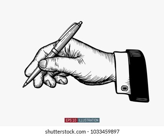 Hand drawn hands holding ball pen. Template for your design works. Engraved style vector illustrations set.