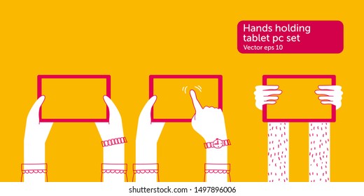 Hand drawn hands holding blank tablets pc set. Concept usable for web site design, logo, app, UI, posters.