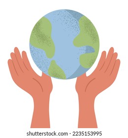 Hand drawn hands holding and caring for planet Earth, sustainable lifestyle concept. isolated vector illustration in flat style