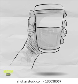 hand drawn hands holding cup coffee crumpled paper background