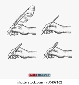 Hand drawn hands holding feather, pencil, ball pen, ink pen. Template for your design works. Engraved style vector illustrations set.