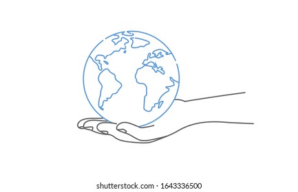 Hand drawn of hands holding globe. Save the planet concept.