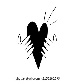 Hand drawn hands holding heart in doodle style. Charity, donation concept. Vector illustration