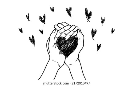 hand drawn Hands holding heart  Concept charity   donation  Give   share your love to people  hands gesture doodle style   vector illustration