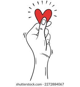 mano dibujada de manos sosteniendo un corazón. Concepto de caridad y donación. Dale y comparte tu amor a la gente. gesto de las manos en el estilo doodle. ilustración vectorial