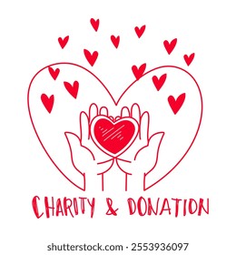 hand drawn of Hands holding a heart. Concept of charity and donation. Give and share your love to people. hands gesture on doodle style.  vector illustration