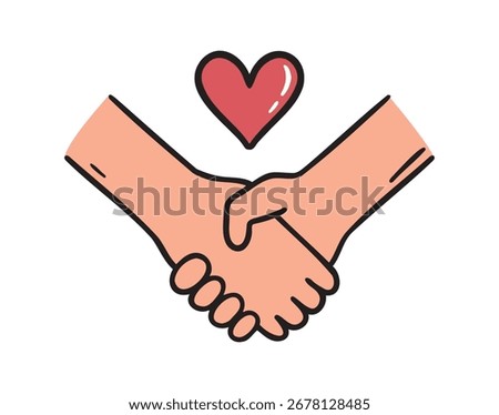 Hand drawn hands holding with heart colored line art love care diversity. Vector illustration