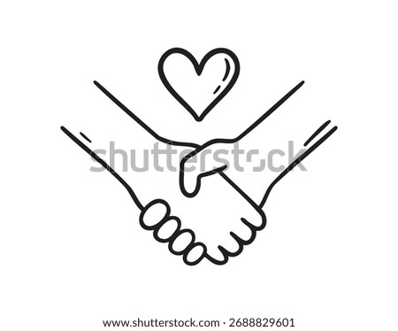 Hand drawn hands holding with heart simple line art greeting love unity support. Vector illustration