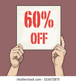 Hand drawn hands holding a sign with discount sign, vector illustration