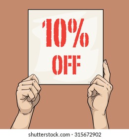 Hand drawn hands holding a sign with discount sign, vector illustration