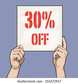 Hand drawn hands holding a sign with discount sign, vector illustration