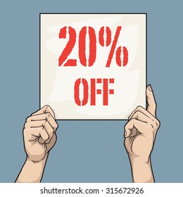 Hand drawn hands holding a sign with discount sign, vector illustration