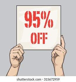 Hand drawn hands holding a sign with discount sign, vector illustration