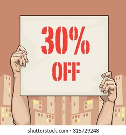 Hand drawn hands holding a sign with discount sign, abstract urban background, vector illustration