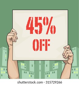 Hand drawn hands holding a sign with discount sign, abstract urban background, vector illustration