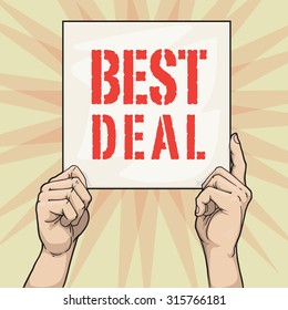 Hand drawn hands holding a sign with a best deal slogan, vector illustration