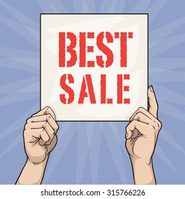 Hand drawn hands holding a sign with a best sale slogan, vector illustration