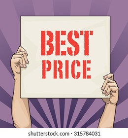 Hand drawn hands holding a sign with best price slogan, vector illustration