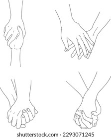 Hand drawn hands of lovers isolated on white background. Hand in hand. One line contour drawing. Outline holding hands. Vector illustration