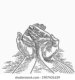 Hand dibujó al hombre de una mano en posición de rezar. La palma de una oración islámica y un símbolo de mezquita de fe. Sencilla ilustración vectorial de gestos de manos. Esbozo de arte conceptual de la religión.