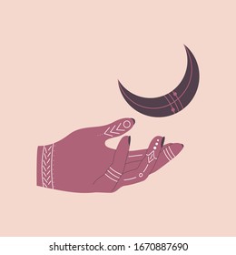 Mano tomada de las manos con la luna. О objeto aislado.