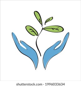 Hand drawn hands and plant. Concept for go green. Vector illustration