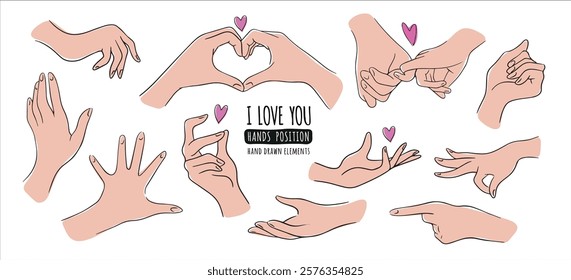 Hand drawn hands position elements set, couple hands, vector