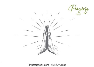  Hand drawn hands in praying position. Prayer to god with faith and hope isolated vector illustration.