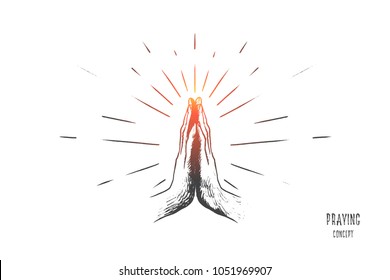 Hand drawn hands in praying position. Prayer to god with faith and hope isolated vector illustration.