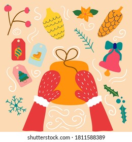 Hand drawn hands of Santa Claus is packing gifts. Christmas and New Year concept for postcard design. Flat illustration.