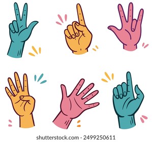 Hand drawn hands showing different gestures. Concept of communication and expressions. Cartoon vector illustration