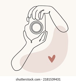 Hand drawn hands taking photo in line art style. Sketch outline isolated minimalistic illustration.