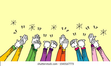 hand drawn of hands up, agreement. applause. thumbs up. Hands clapping. applause gestures. congratulation for business. cartoon style.  doodle vector illustration