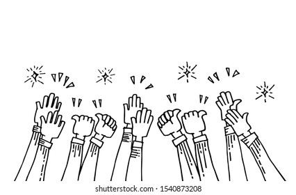 hand drawn of hands up, applause. thumbs up. Hands clapping. applause gestures. congratulation for business. cartoon style.  doodle vector illustration