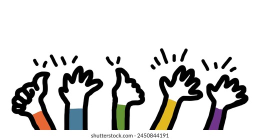 Hand drawn of hands up, applause, thumbs up gesture on doodle style. vector illustration