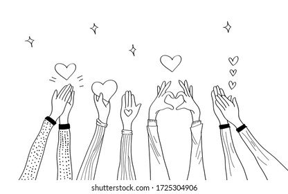 hand drawn hands up  hands clapping  Concept charity   donation  Give   share your love to people  hands gesture doodle style   vector illustration