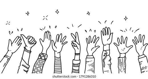 hand drawn of hands up, clapping ovation. applause, thumbs up gesture on doodle style , vector illustration