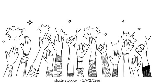 hand drawn of hands up, clapping ovation. applause, thumbs up gesture on doodle style , vector illustration