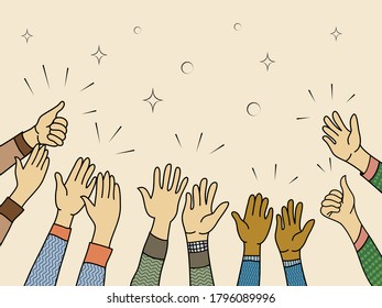 hand drawn of hands up, clapping ovation. applause, thumbs up gesture on doodle comic style , vector illustration