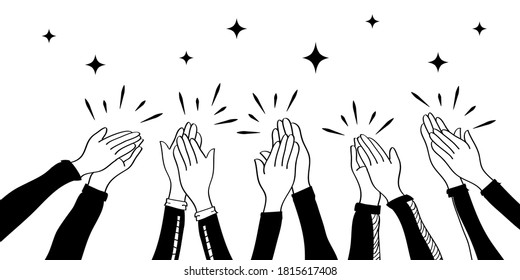 hand drawn of hands up, clapping ovation. applause, thumbs up gesture on doodle style , vector illustration