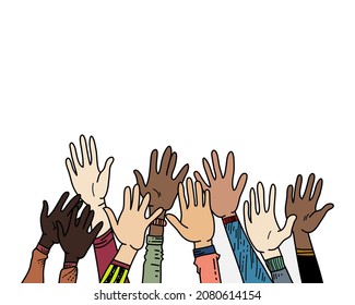 mano levantada de las manos, ovación aplaudiendo. gesto de las manos en el estilo doodle. ilustración vectorial