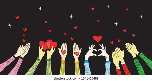 hand drawn of hands up. hands clappinng. Concept of charity and donation. Give and share your love to people. hands gesture on doodle style , vector illustration