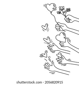 hand drawn of hands up. hands clappinng. Concept of charity and donation. Give and share your love to people. hands gesture on doodle style. vector illustration