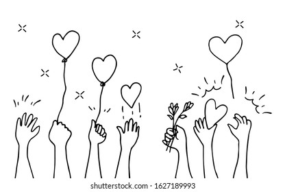 hand drawn hands up  Concept charity   donation  Give   share your love to people  hands gesture doodle style   vector illustration