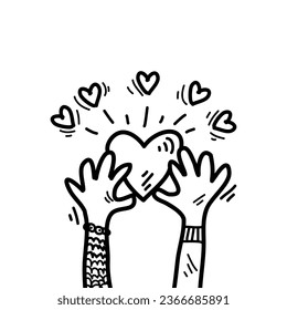 Hand drawn of hands up. Concept of charity and donation. Give and share your love to people. hands gesture on doodle style. vector illustration