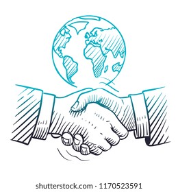 Hand drawn handshake. International business concept with handshaking and globe. Sketch global partnership leadership vector background. Illustration of respect partner and congratulating